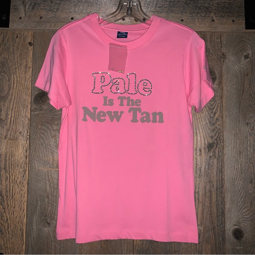 Women’s L NEUTROGENA Pale Is The New Tan Barbie Pink Cotton Bling Tee Shirt NEW